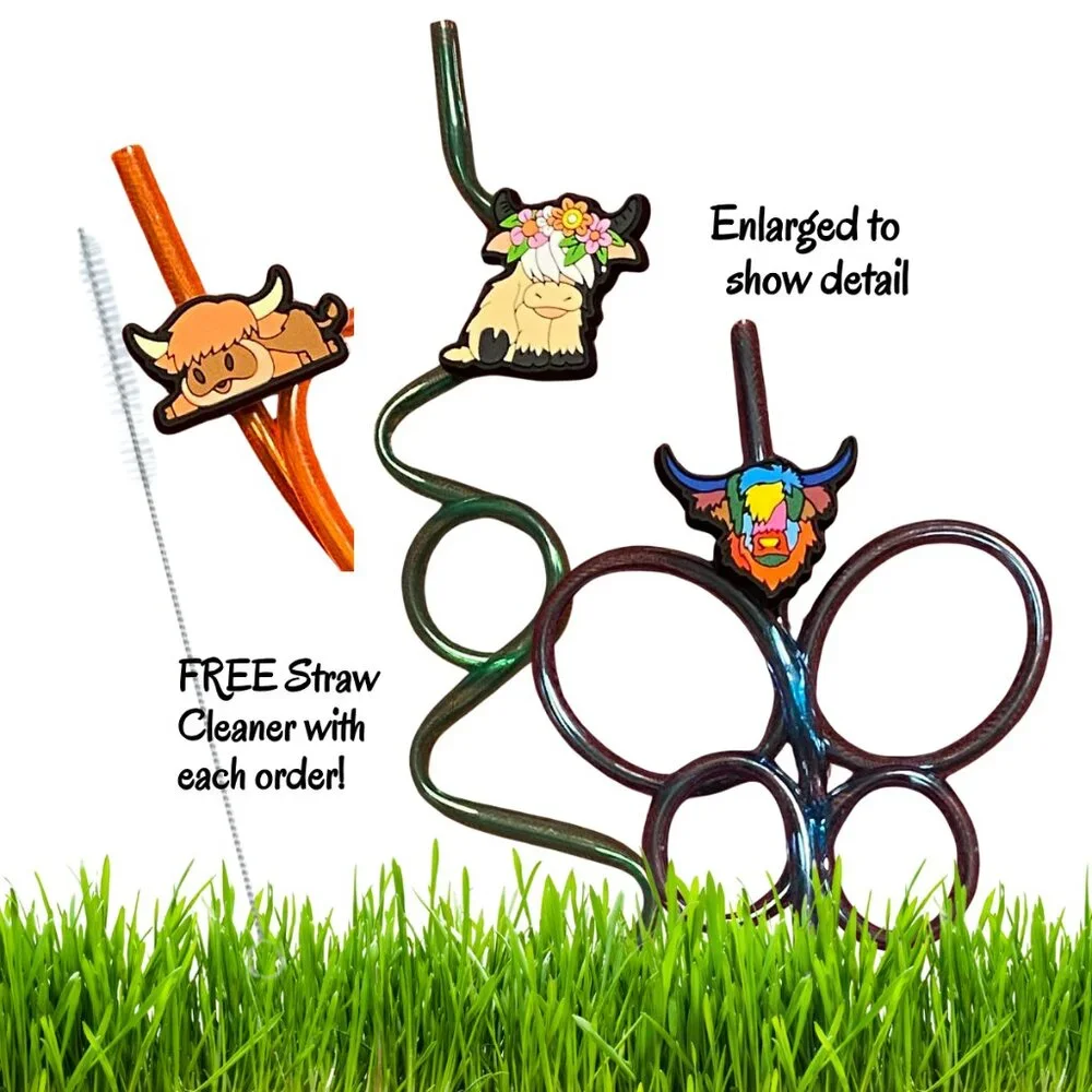 Silly Highland Cow Straw Bundle of 3 - GREEN, ORANGE & BLUE